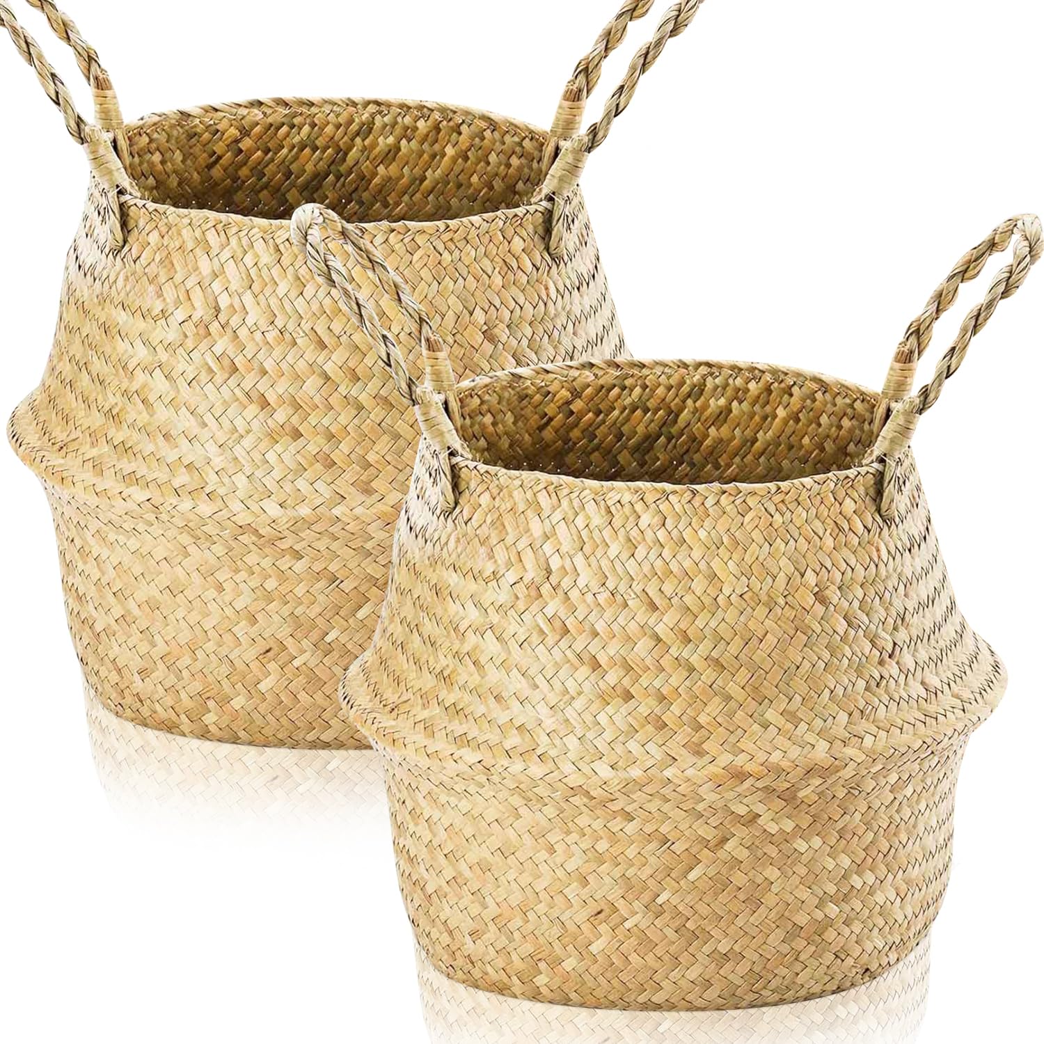 Lighterday 2pcs Seagrass Storage Basket With Handle - Wicker Planter, Foldable Toy Laundry Belly Basket, Round Plant Pot for Shelves (XXL 38×34cm)