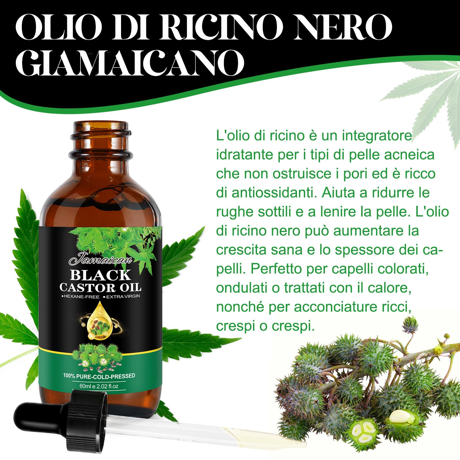 Biologiczny czarny olej rycynowy z jamajki, 60 ml - 100% czysty czarny olej rycynowy na zimno, wspomaga wzrost włosów, wzmacnia korzenie i zapobiega łamaniu
