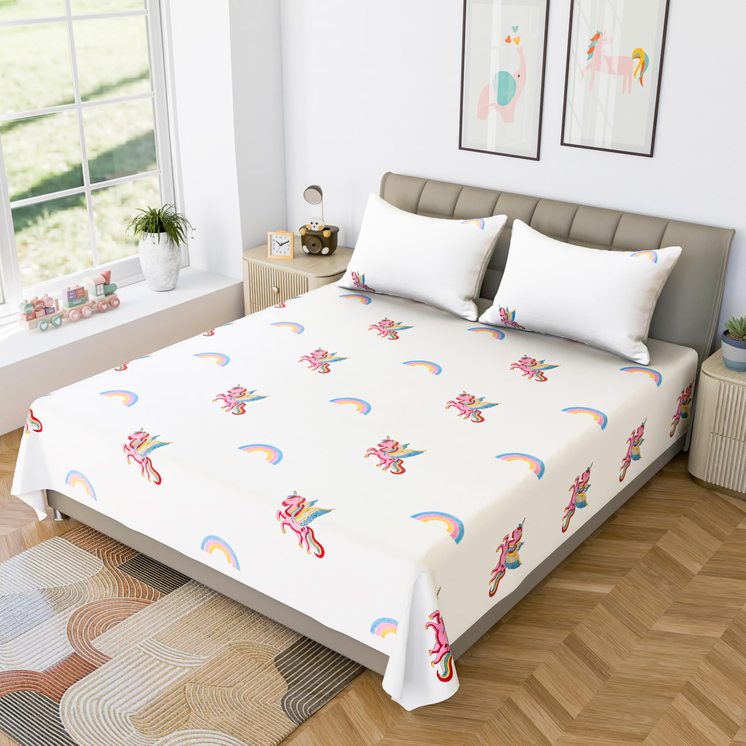 LINENWALAS 100% Cotton Bed Sheet for Double Size Bed, Unicorn Printed Doble Bedsheet for Childrens Room with 2 Pillow Covers | 210 TC Soft, Breathable, Luxury Bedsheet (Unicorn, 90 x 100 Inches)