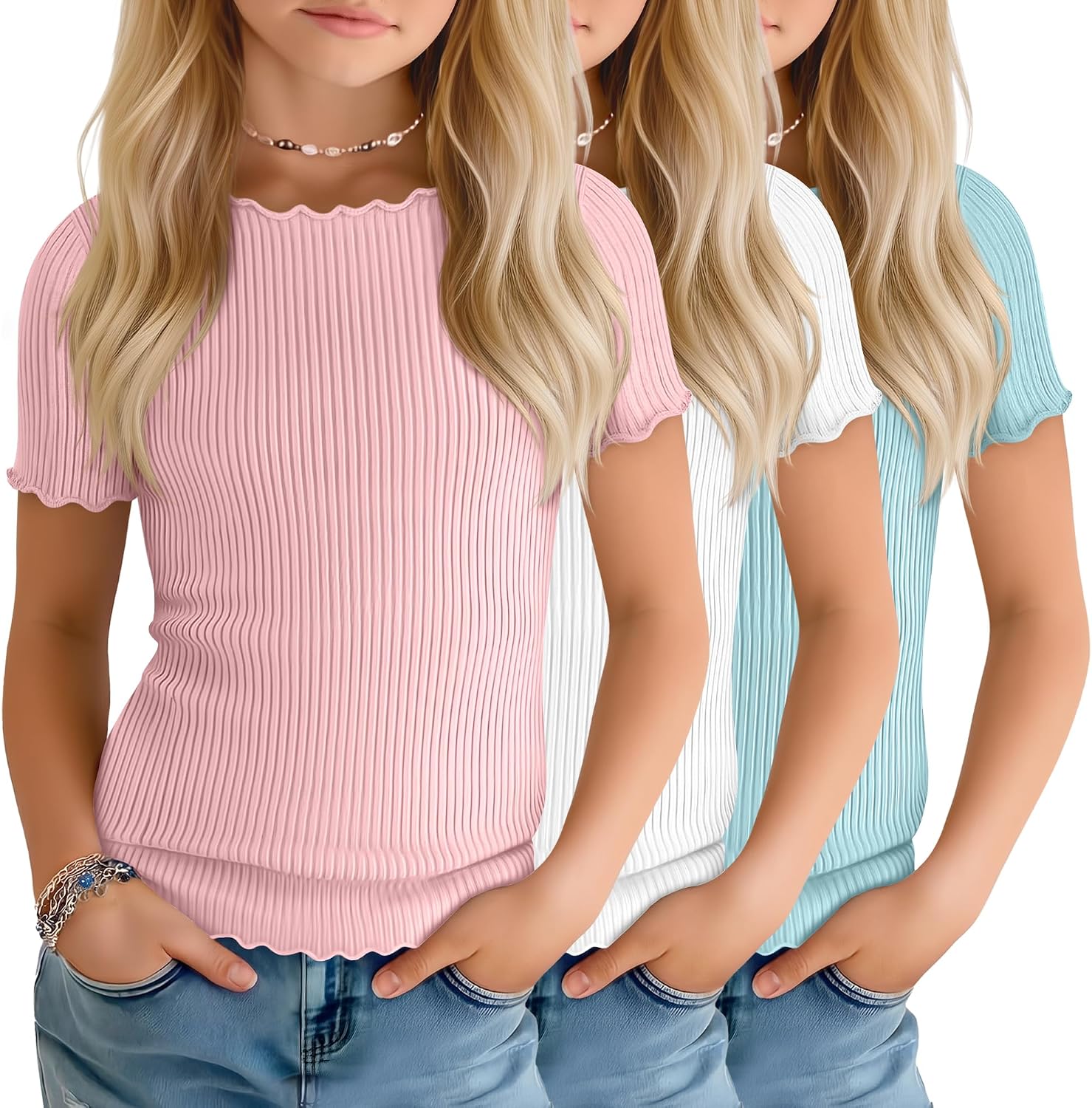 3 Pack Girls T-Shirts 5-14y Girls Tops Short Sleeve Ribbed Knit Lettuce Trim Kids Boat Neck Slim Casual Layer Tee