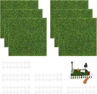Belligern Fake Grass 6pcs Artificial Grass 15 * 15cm Fake Turf Tiles for Balcony,Life-Like Fairy Artificial Grass Mat,Suitable for Micro Landscape Decoration,with 6 Pieces of White Mini Fence