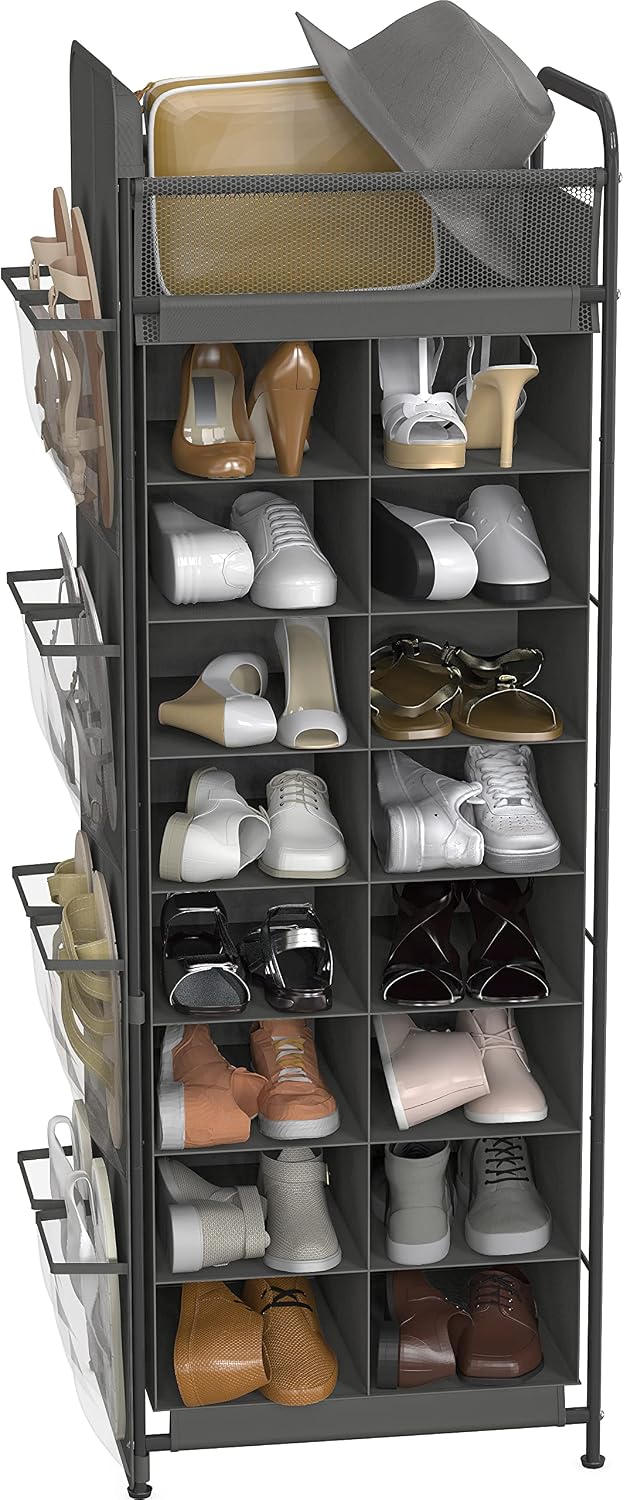 Simple Houseware Shoe Stand Tower Rack w/side hanging bag 20-Pair, Dark Grey