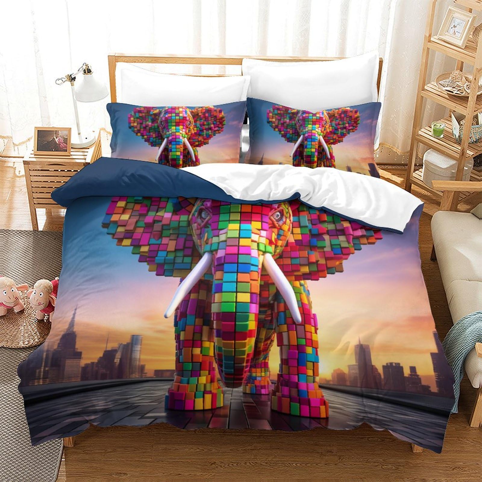 Housse de couette éléphant impression 3D parure de lit douce en microfibre