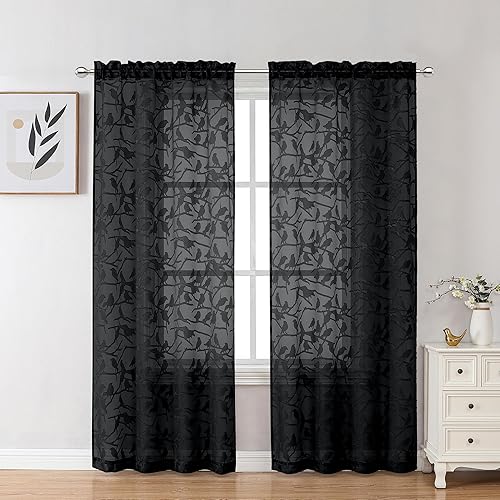 Vista 207 de OVZME - Anji Cortinas semitraslúcidas de gasa, ligeras, vaporosas, privacidad, textura, bolsillo barra doble, pájaros recortados, dormitorio, sala