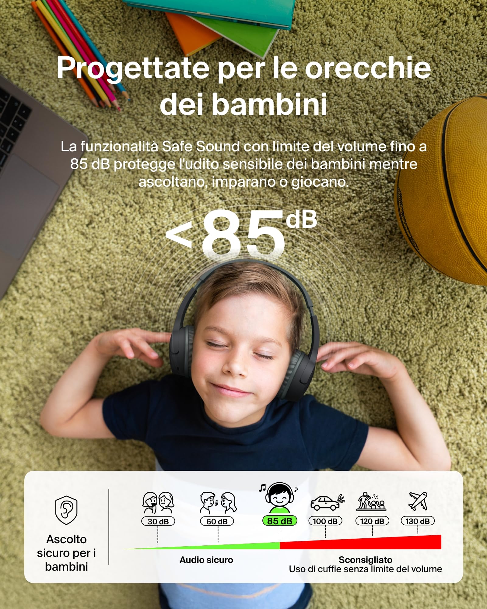 Belkin SoundForm Mini Cuffie wireless per bambini con microfono, 30 ore di riproduzione, adesivi divertenti, headset over-ear per didattica online, scuola e viaggi, per iPhone, iPad e Galaxy, nero
