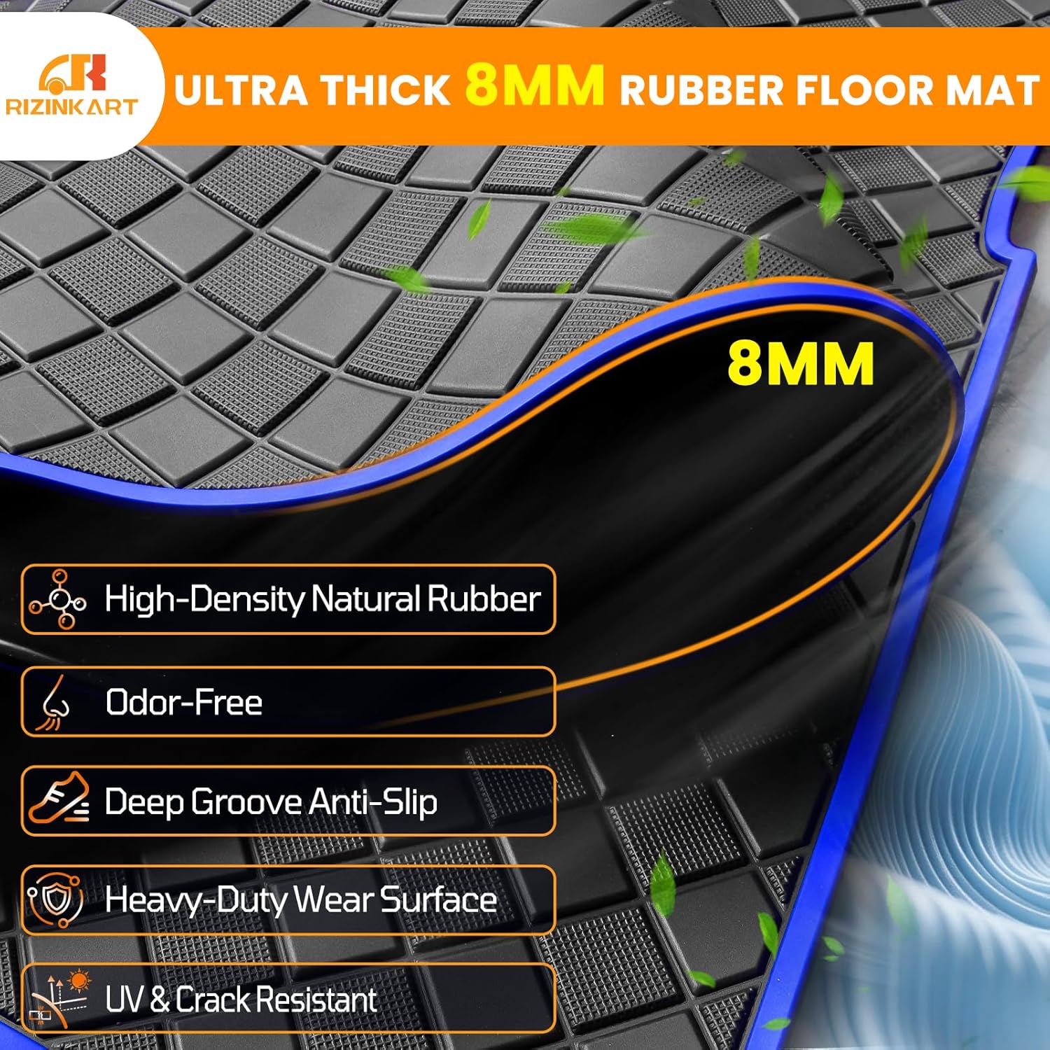 Yamaha Drive2 Rubber Floor Mat,Upgraded Non-Slip Full Coverage Liner Mat Fits Yamaha Drive 2(2017-2024) & UMAX Rally 4x4, Adventurer 2017+, QuieTech 2017+,8MM Thick Heavy Duty Rubber Mat Blue Trim