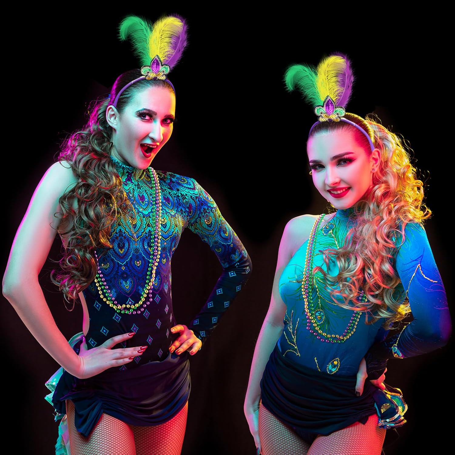 Capoda 8 Pieces Mardi Gras Outfit Accessories Mardi Gras Feather Headband with Beads Necklaces for Women Masquerade Party - Image 4