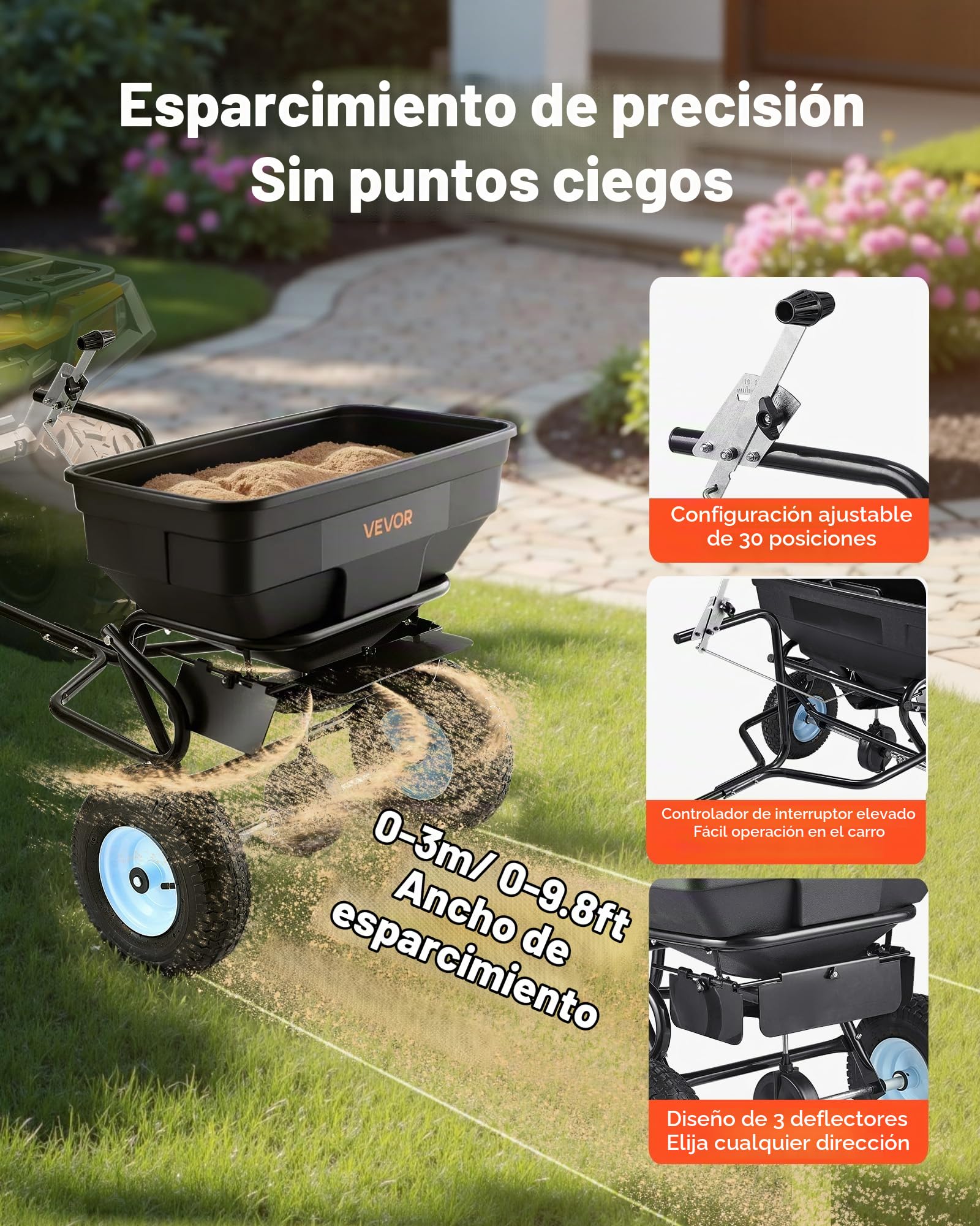 VEVOR Esparcidor de Empuje Manual Capacidad de 59 kg, Esparcidor de Compost con Rejilla de Tolva y Ruedas, Ancho de Esparcimiento de 0 a 3 m para Semillas y Fertilizantes, para Jardín, Césped