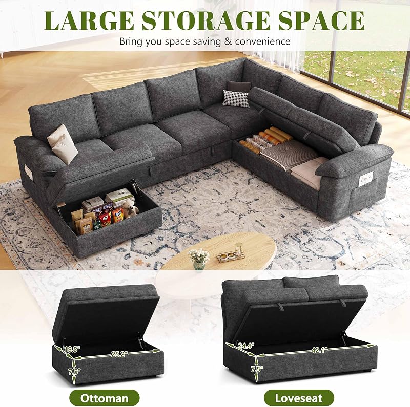 106'' Modular Sectional Sofa with Pull Out Bed, Sleeper Sofa, Dark Gray image 6