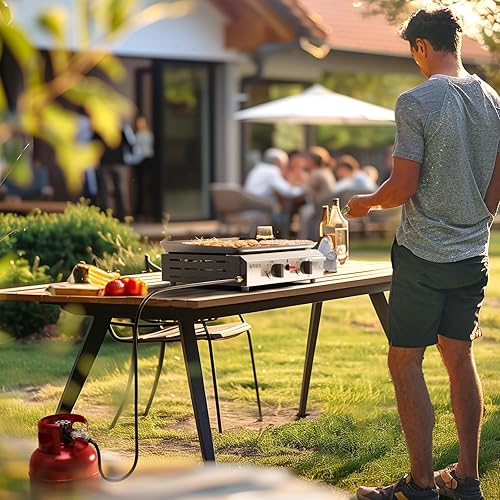 Miniatura 7 de ROVSUN Plancha de propano portátil de 2 quemadores con bandeja esmaltada antiadherente, parrilla de gas de mesa de 20,000 BTU con encendido
