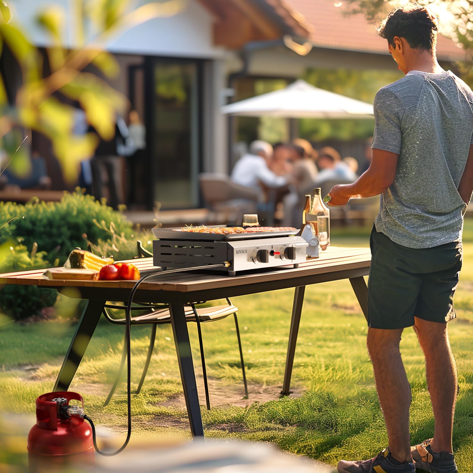 ROVSUN Camping Gasgrill Tischgrill aus Edelstahl, mit 2 Brennern, 4,8 kw, Emaillierter Antihaft-Grillplatte & ein-klick-Zündung für Camping, Garten & Strand, ohne Strom 44x39x16 cm