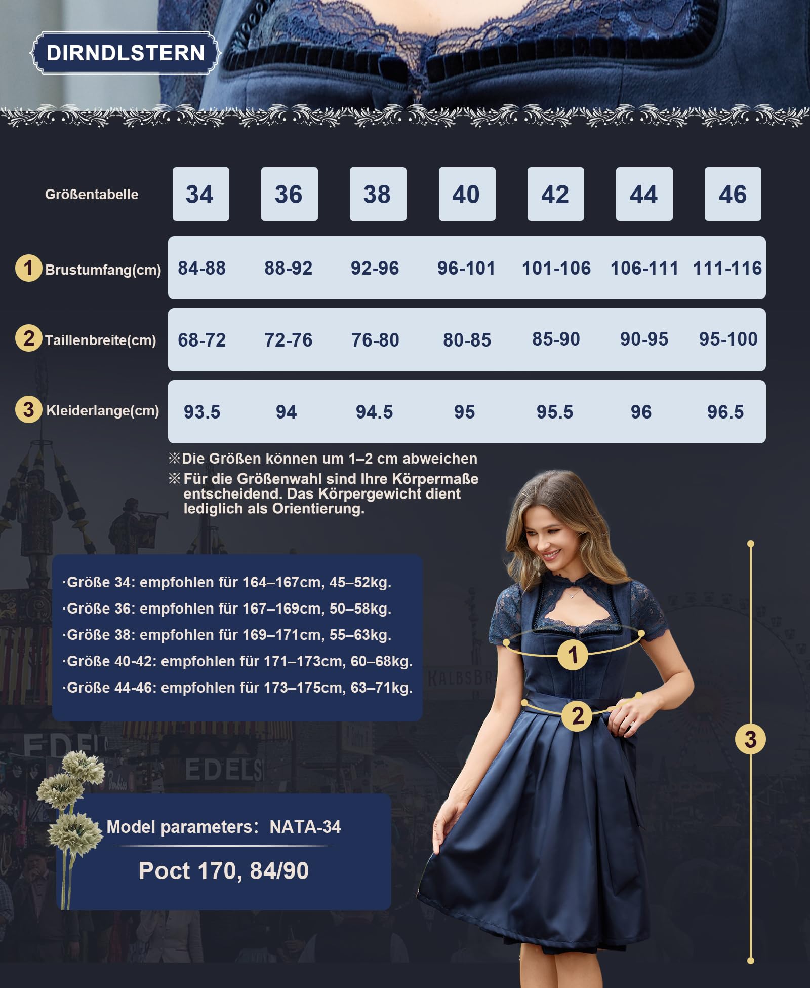 DIRNDLSTERN Damen Blau Trachtenkleid - Dirndlkleid Midi mit Dirndlschürze Trachtenmode Oktoberfest Outfit