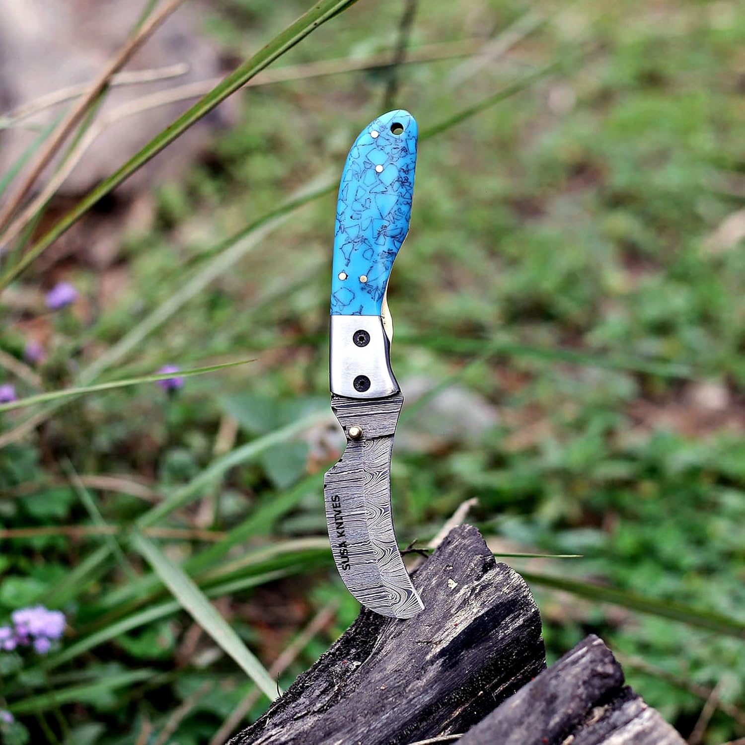 Damascus Steel Hwakbill Pocket Folding Knife rasp steel Pocket Knives for Outdoor, Camping, Hiking Inner Lock Blade EDC knife pancake leather sheath (DAMASCUS RESIN)