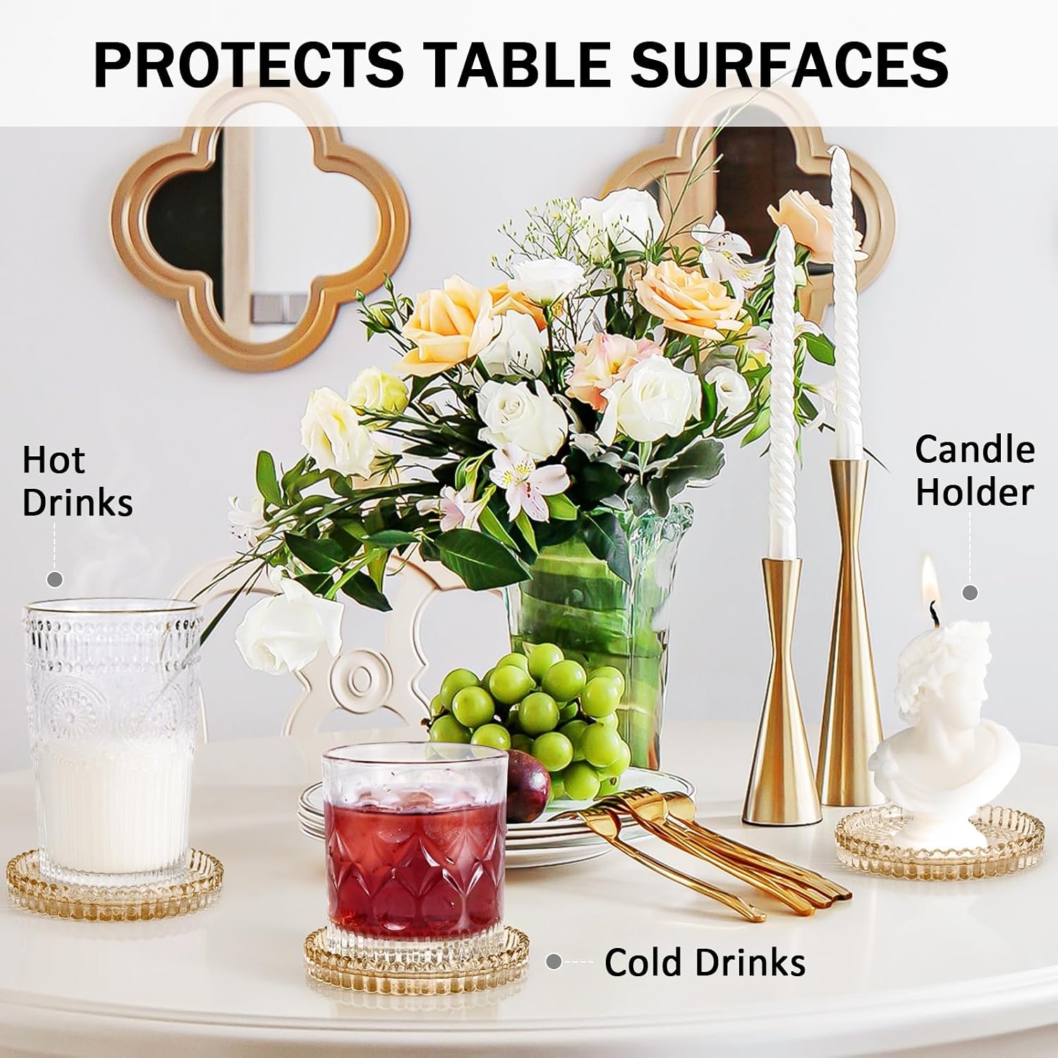 Modern Glass Coasters, GOH DODD Set of 6 Crystal Coasters Tabletop Protection for Drinks, Home Decor, Kitchen, Living Room, Patio, Wedding, Party, Housewarming Gifts, Amber, Gold