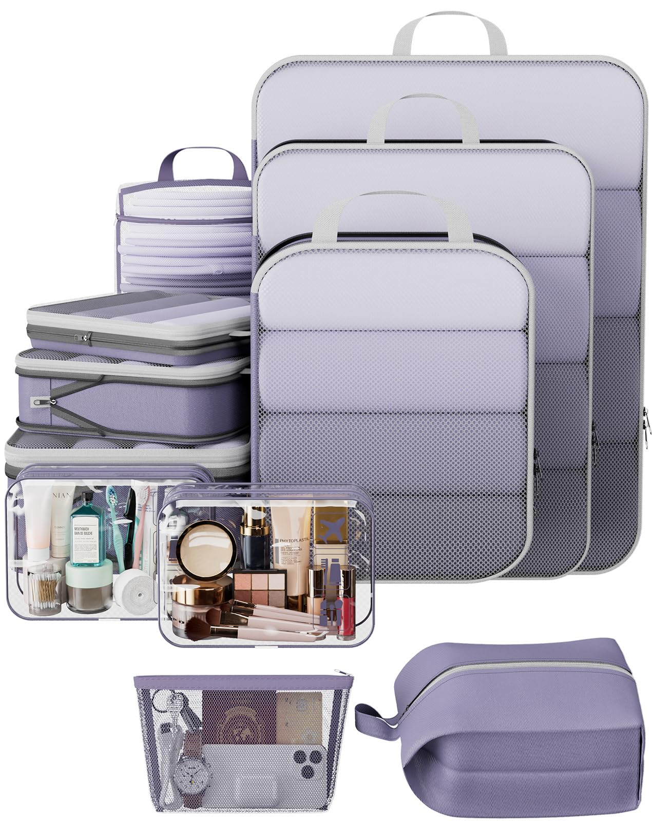 veken 11 set compression packing cubes for travel essentials,compressible expandable large luggage suitcase organizer bags for clothing,durable space saver storage bags with toiletry bags(purple gray)