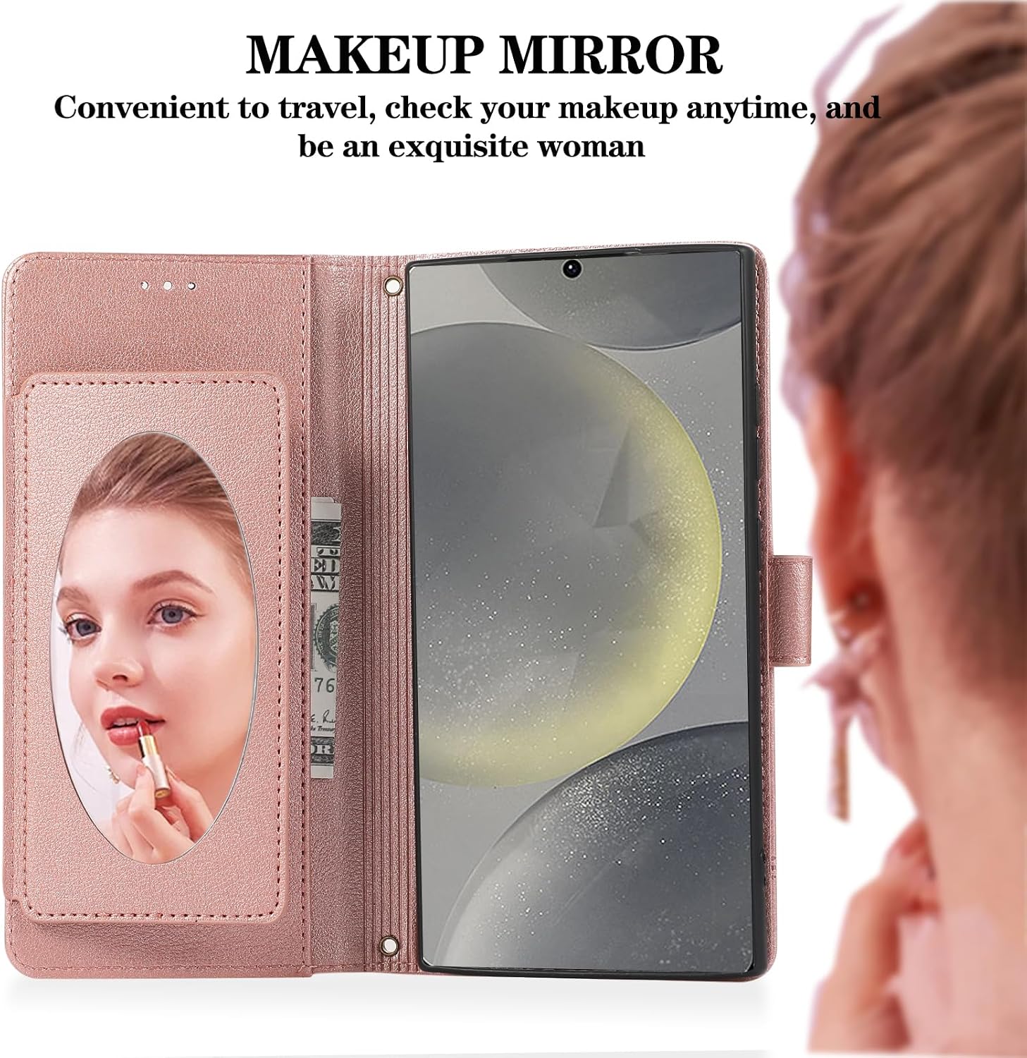 Compatible with Samsung Galaxy S25 FE 5G Wallet Case Wrist Strap Crossbody Strap Mirror PU Leather Flip Credit Card Holder Stand Cell Phone Cover for S 25 EF S25FE 25S 25FE Women Men Rose Gold