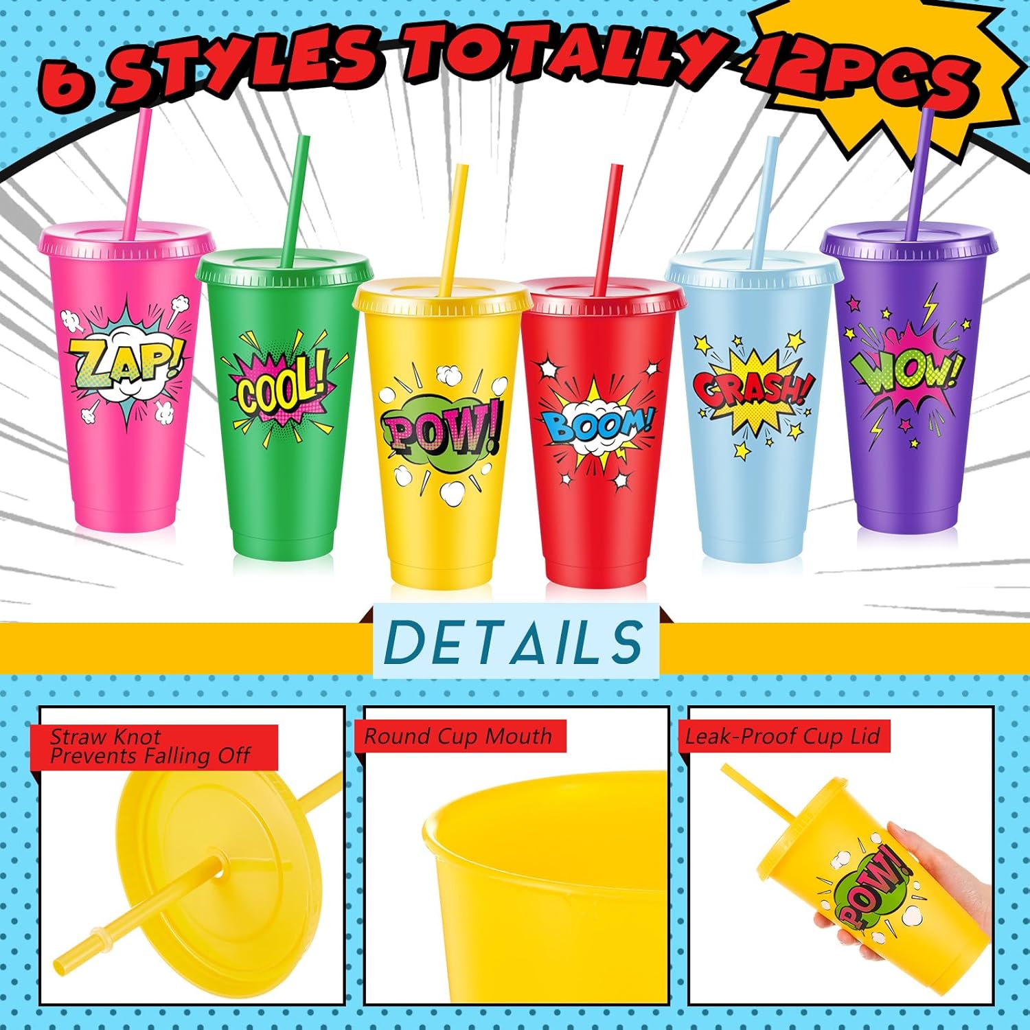 Chuangdi 12 Pcs Hero Cups 24 oz Plastic Reusable Tumblers with Lids and Straws Themed Drinking Cups for Birthday Decorations Party Favors Supplies Gifts