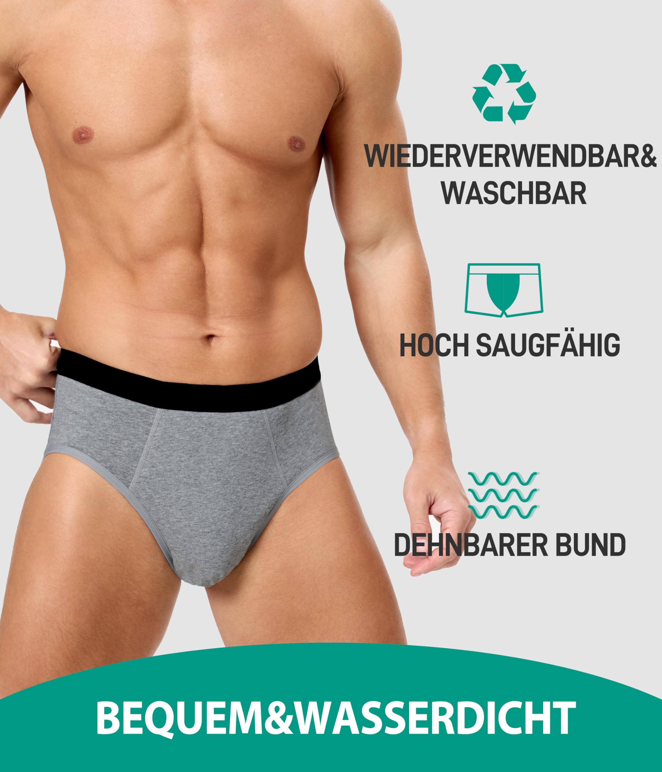 Inkontinenz Pants Männer 3 Pack, Waschbar Baumwolle Inkontinenz Slips mit Saugfähigem Pad 150 ml Urinkapazität,Wiederverwendbar Unterhosen,Auslaufsichere Unterwäsche Herren(Mehrfarbig,L)