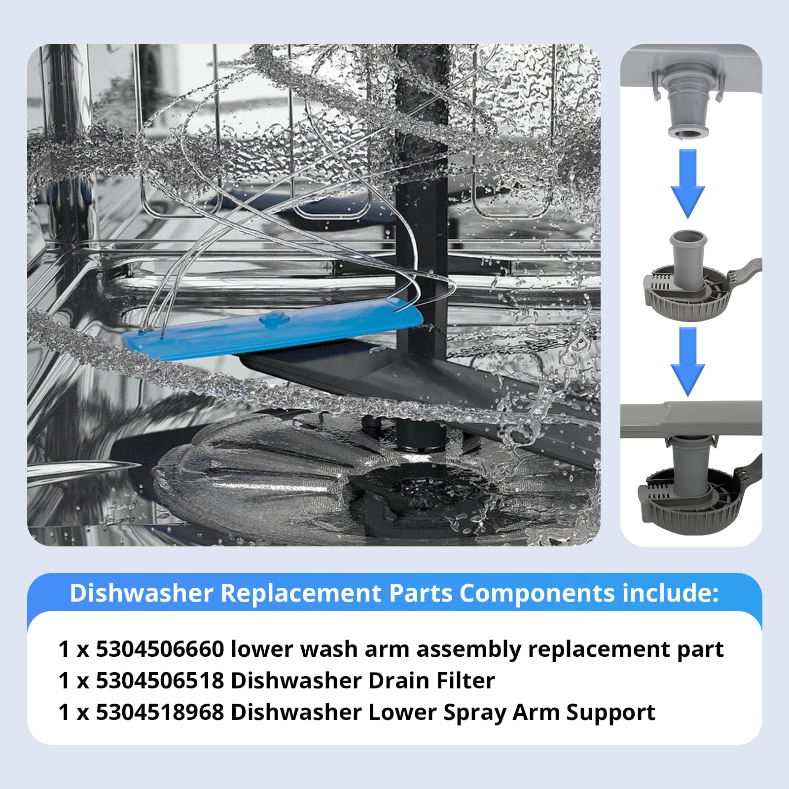 5304506660 - Brazo de pulverización para lavavajillas Frigidaire, conjunto de brazo de lavado inferior con soporte de brazo de pulverización inferior para lavavajillas 5304518968 y filtro de drenaje