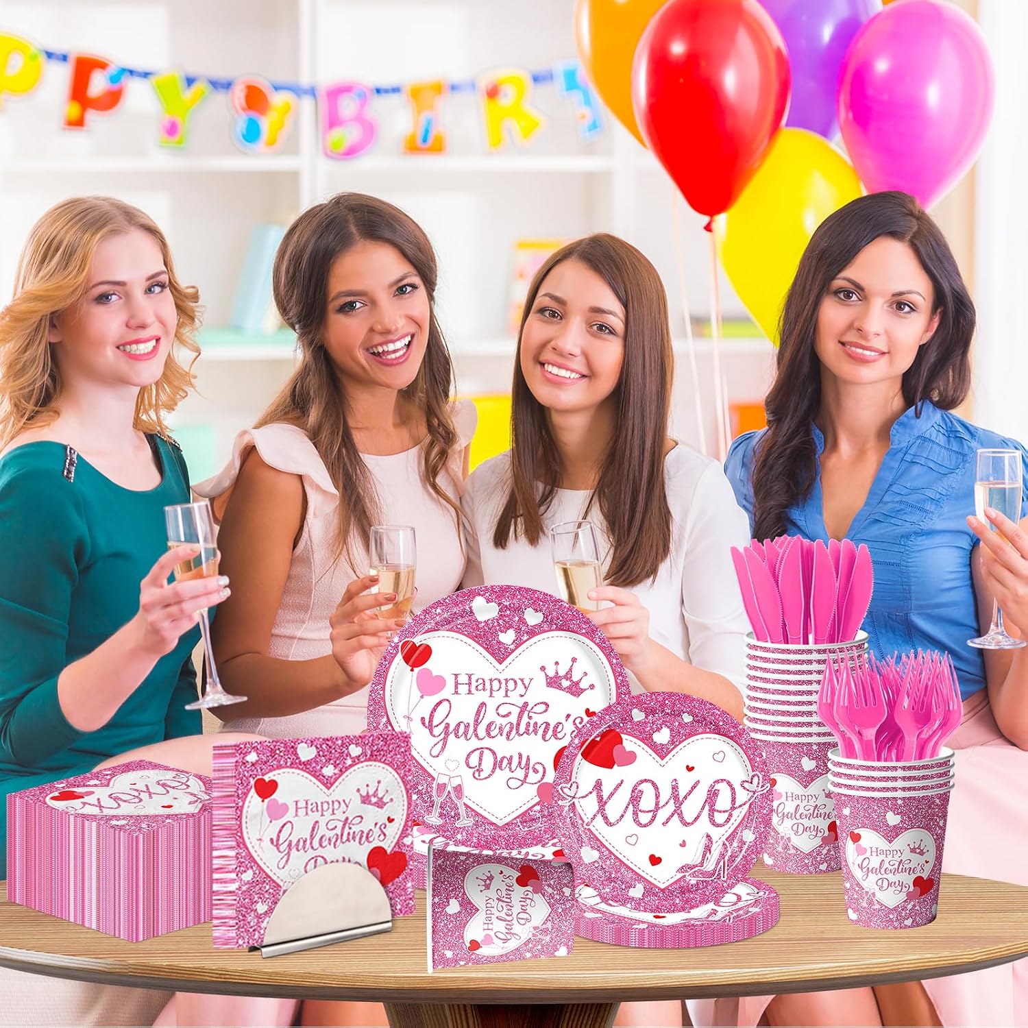 Galentines Day Plates and Napkins Sets, Pink Glitter Galentines Day Decorations includes Happy Galentines's Day Plates and XOXO Napkins, for Girl Lady Galentine Day Party Decorations