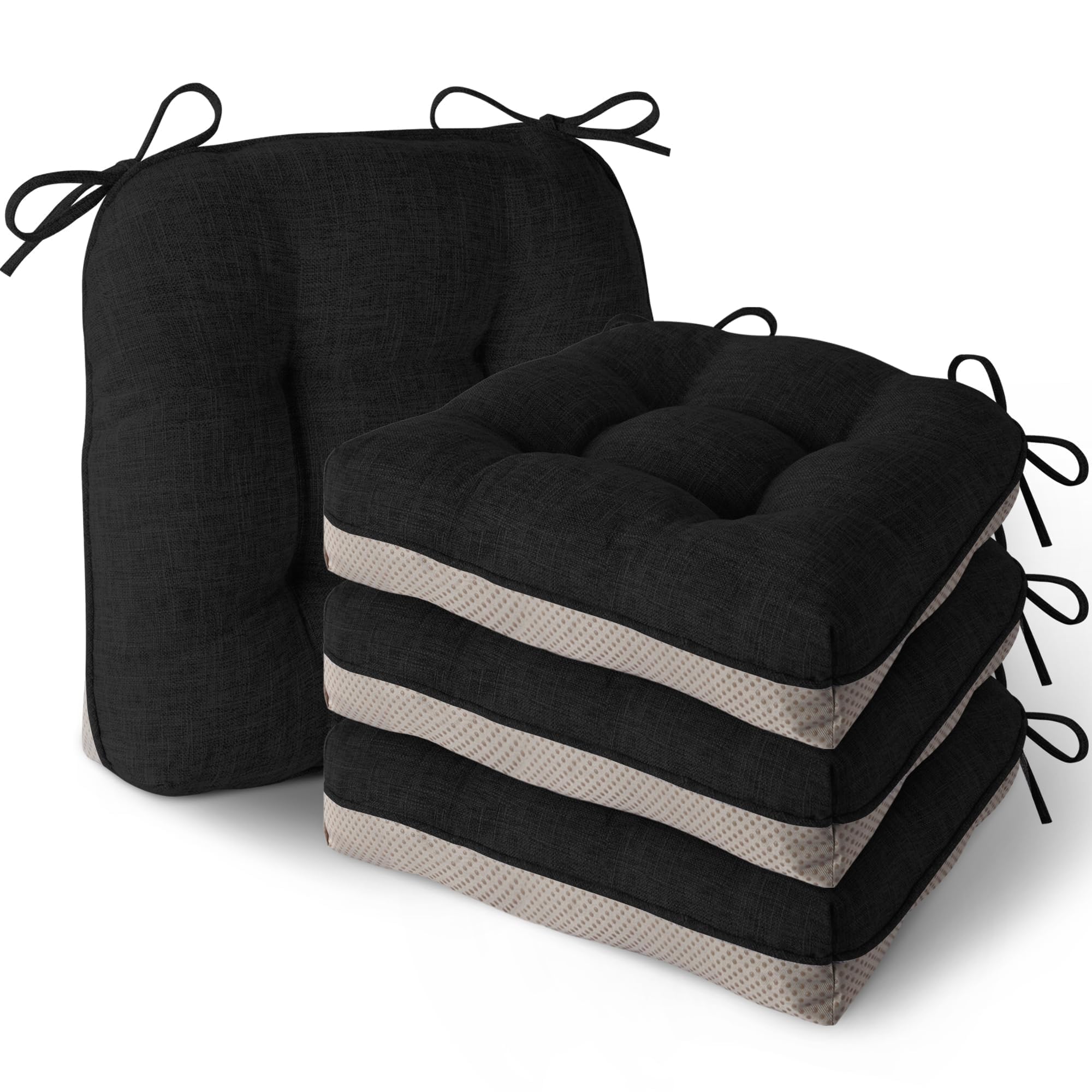 MineCozy Indoor Seat Cushions for Dining Chairs Non Slip Kitchen Chair Cushions Set of 4 Thick Tufted Seat Pads with Ties for Dining Room 40x40x8.5cm Black