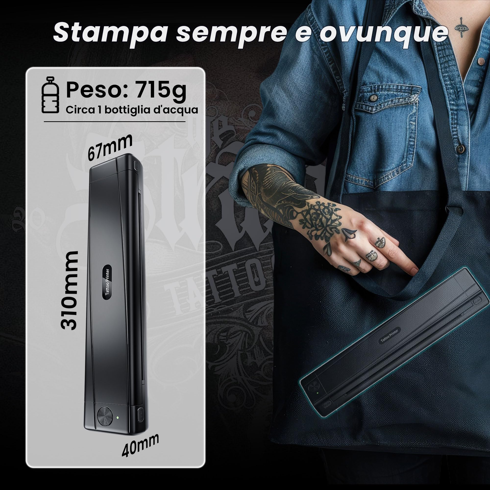 TATTMUSE Stampante Stencil Tattoo, Stampante Termica Tattoo con 10 Fogli di Carta Transfer per Tatuaggi, Stencil Machine per Artisti e Principianti, Bluetooth Compatibile con Smartphone & Tablet