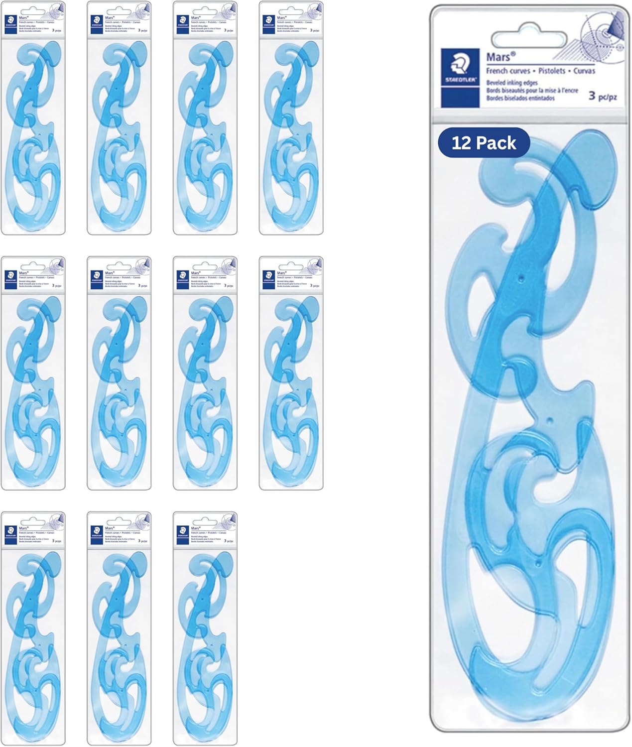 STAEDTLER Mars Professional French Curve Design Ruler Set for Pattern Making 12-Pack (12 Sets of 3 pcs), 3 Essential A B C Shapes, Blue Transparent Plastic with Inking Edge, 36 Count