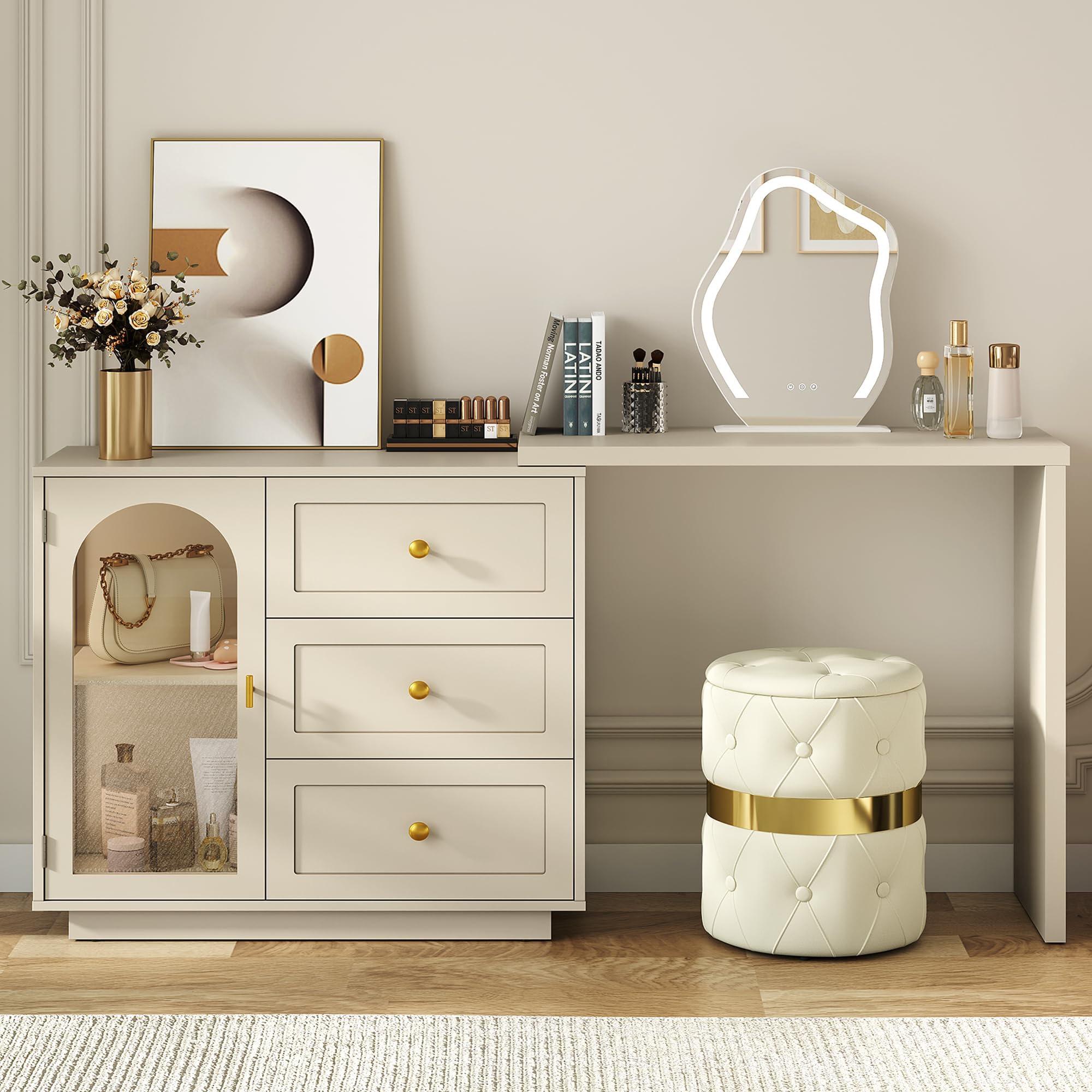 RoyalCraft 59" Makeup Vanity Desk, Beige Vanity Dresser for Girls and Women