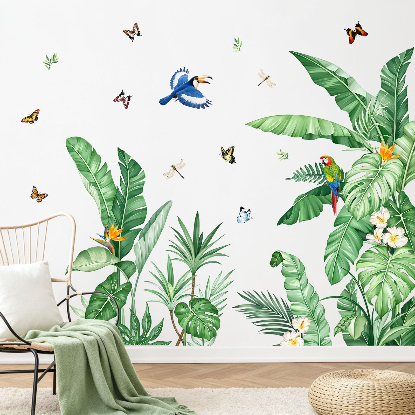 Tanlaby Tropical Palm Leaves Wall Stickers Jungle Green Plants Wall Decals