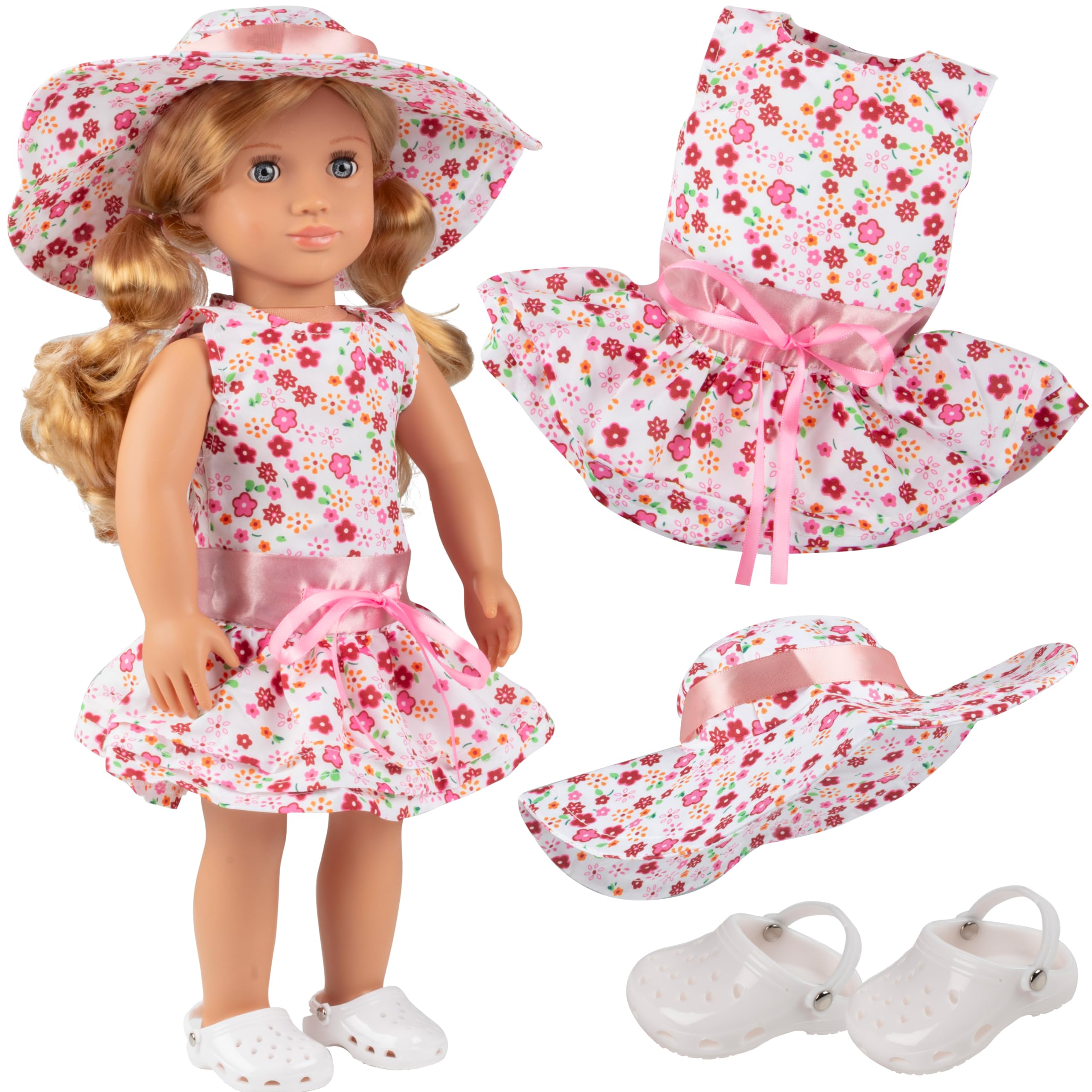 Summer Fun Flower Dress Doll Outfit (3 Pc Set)- Includes Sun Dress, Hat, & Clog Sandals- Handmade, Premium Outfit & Accessories- Compatible with 18" American Girl Doll- Gift Set for Girls