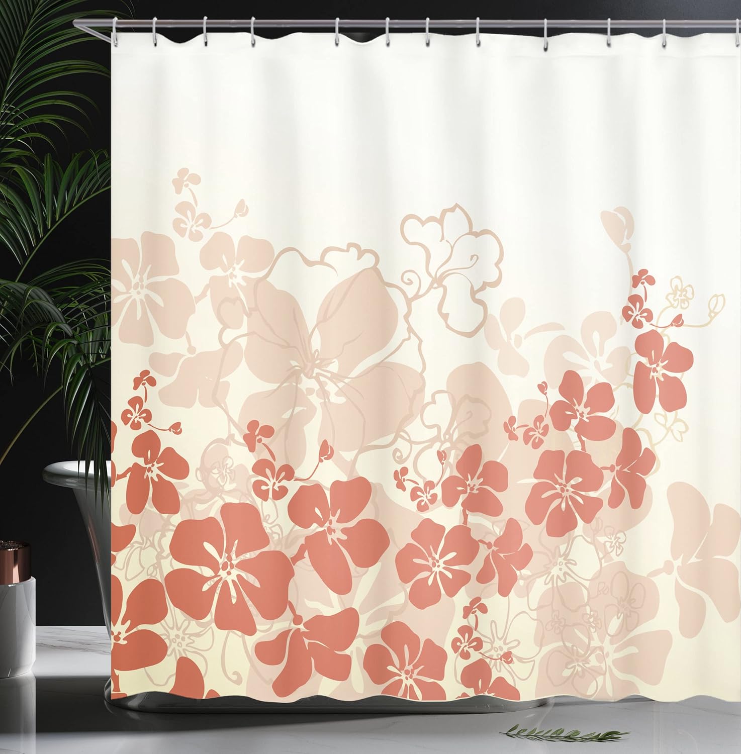 Ambesonne Hawaiian Shower Curtain, Hawaii Flowers Silhouette Tropical Plants Ornamental Floral Illustration, Cloth Fabric Bathroom Decor Set with Hooks, 69" W x 70" L, Fuchsia Salmon White