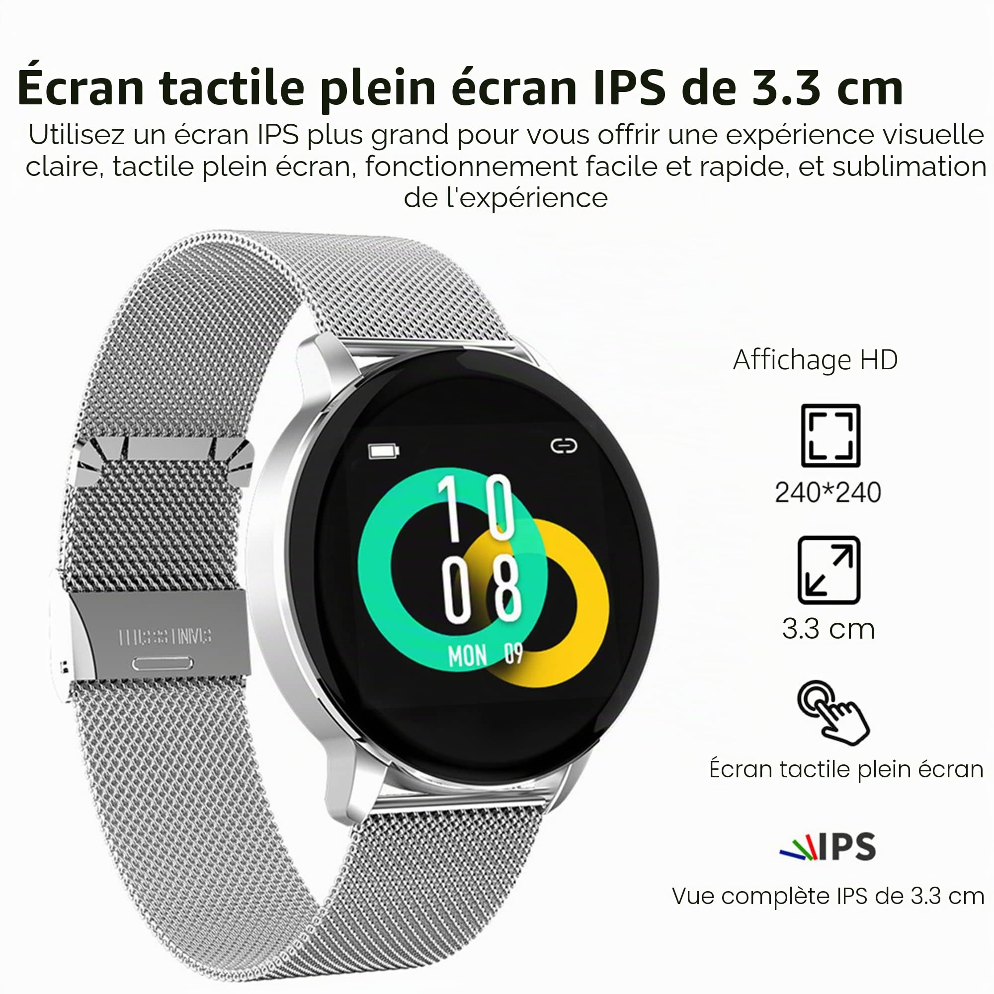 Montre Connectée Femme, Smartwatch Compatible Samsung Huawei Xiaomi Android iOS Podometre Montre Sport Cardiofrequencemetre Etanche IP67 GPS Partagé Sport Notification de Message(Argent)
