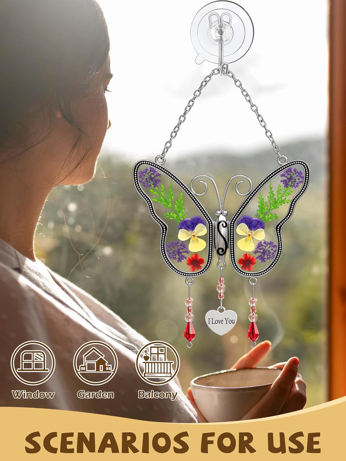 Butterfly Gifts Suncatcher Stain Glass Sun Catchers Pressed Flower Wings Embedded in Glass with Metal Trim I Love You Heart Charm Wind Chime