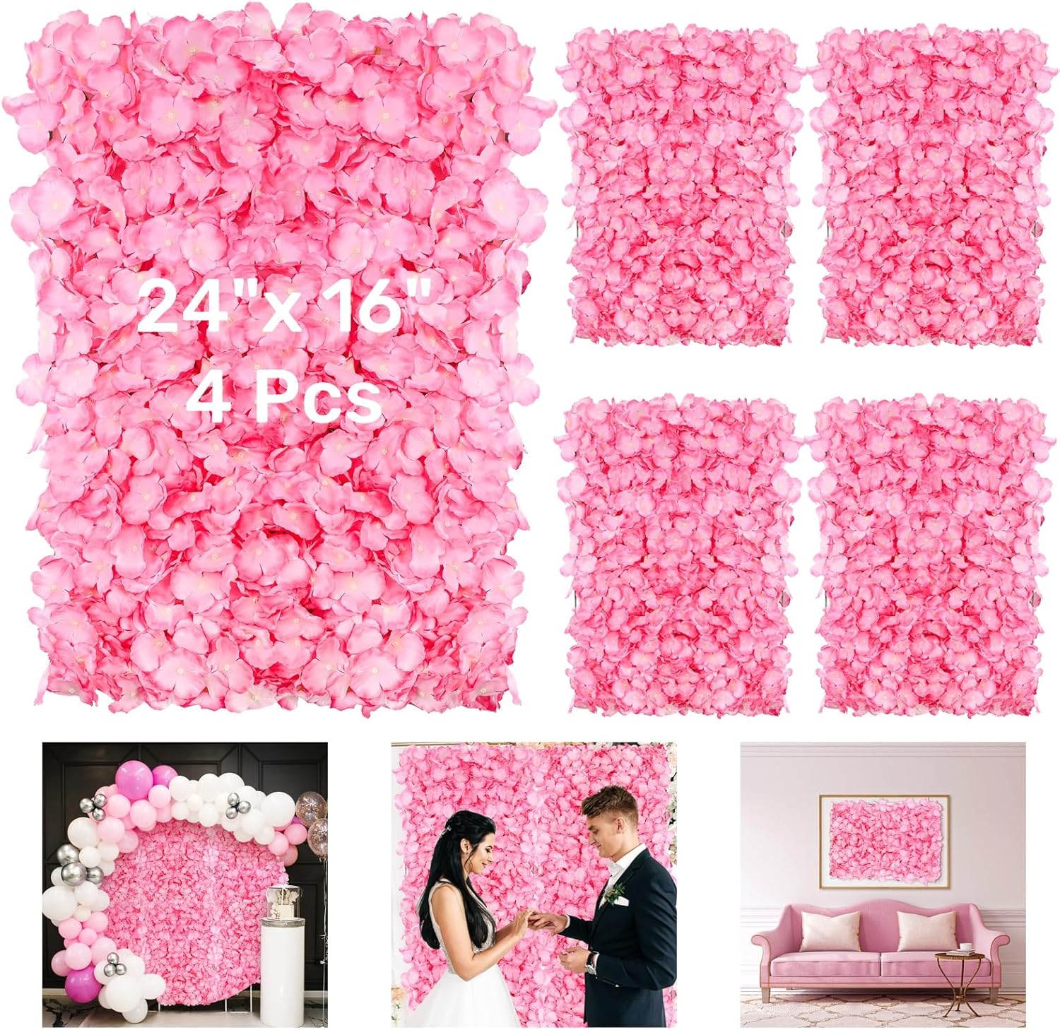 4 Pack 24"x16" Flower Wall Panel Set, Artificial Flower Backdrop, 3D Silk Pink Hydrangea Floral, Wall Decorative Faux Flower for Photo Centerpieces, Home Party Wedding Decoration