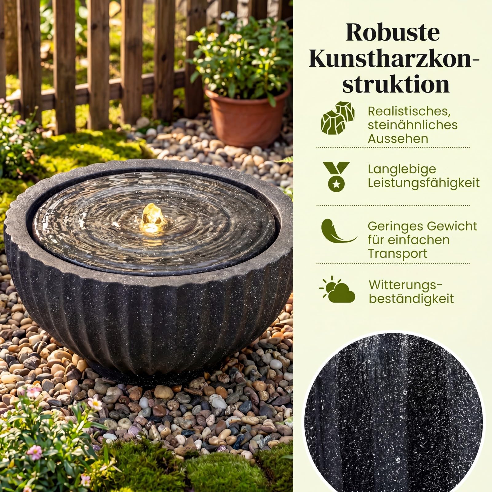 COSTWAY Springbrunnen Rund, Gartenbrunnen mit LED Beleuchtung & Pumpe, Brunnen Outdoor, Steinoptik, Zimmerbrunnen draußen, Wasserfall Brunnen für Garten Balkon Terrasse, 45 x 45 x 23,5 cm