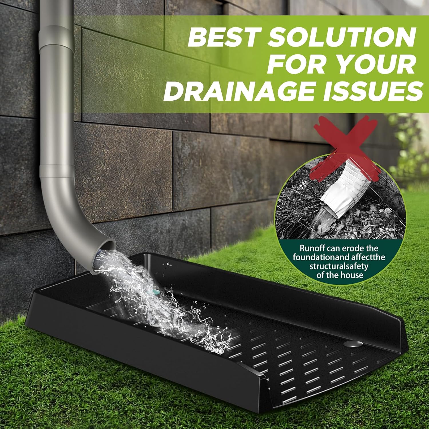 4 Pack Gutter Downspout Splash Block, 12” Extra-Wide Gutter Downspout Extensions for Water Drainage, No-Install Design Down Spout Extender, Fixable Downspout Extender with 8 Fixing PP Nails, Black
