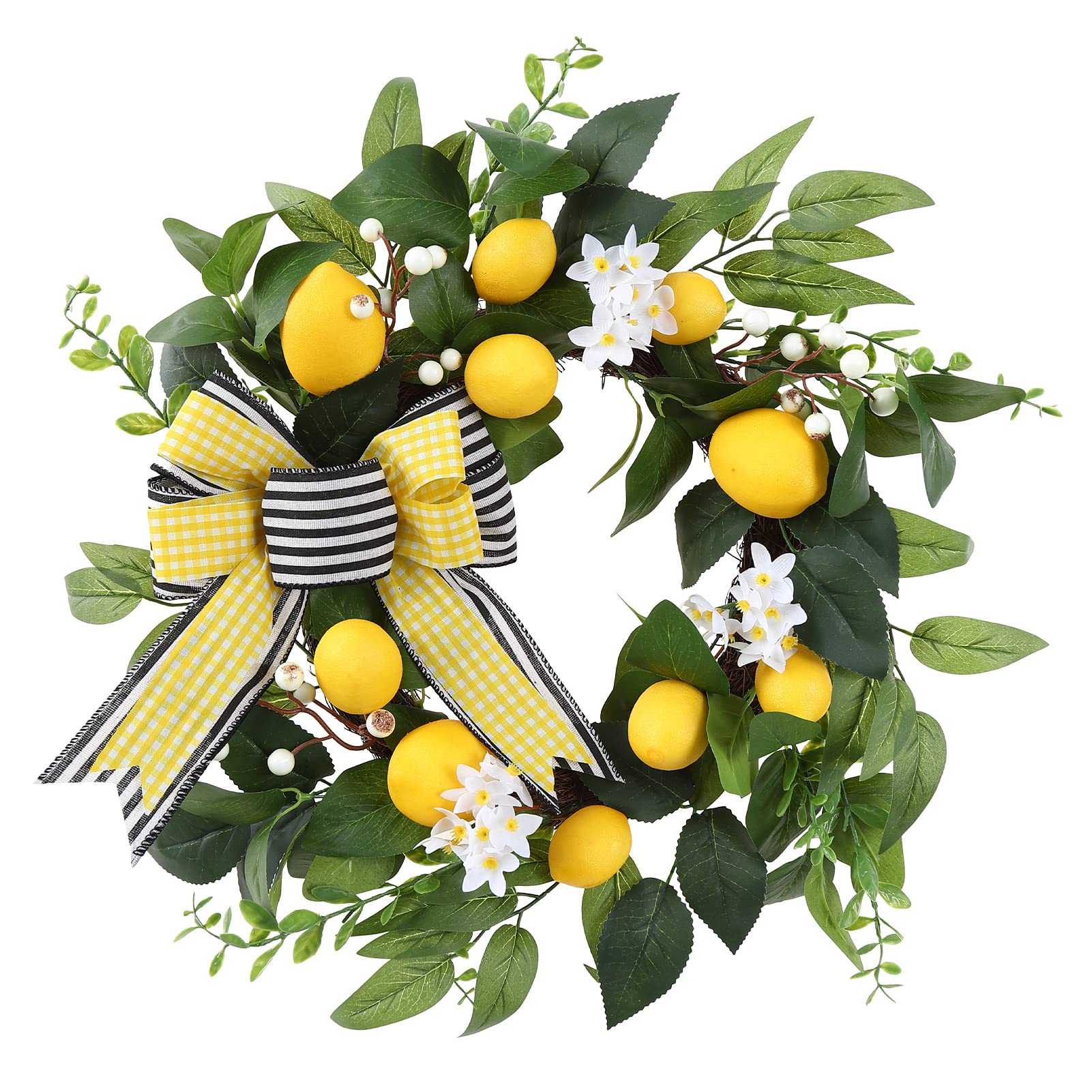 Adeeing20" Artificial Lemon Door Wreath, Spring Summer Fruit Lemon Wreath with Large Yellow Black White Bow Greenery Leaves White Flowers Berries for Home Window Kitchen Wall Wedding Decoration