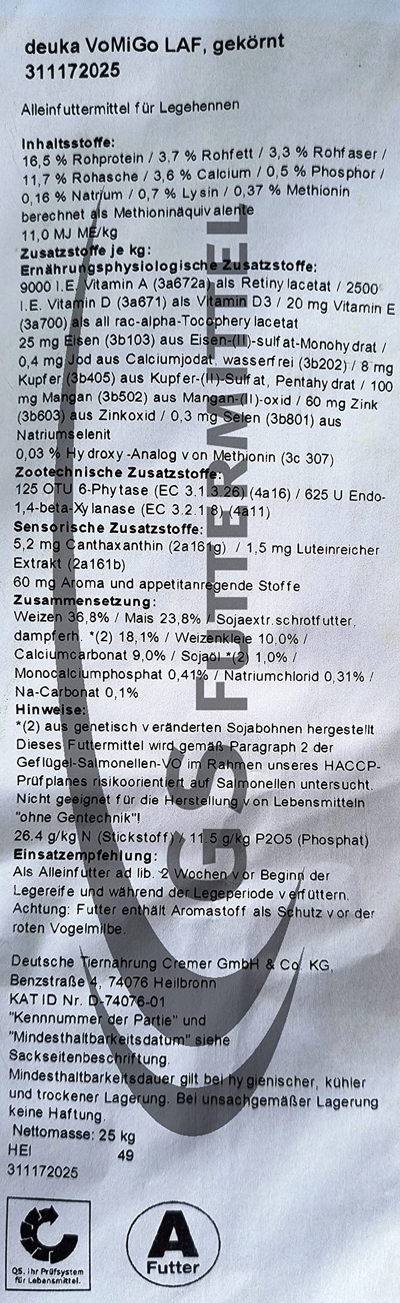 TOP Futtermittel VoMiGo Legekorn, Legehennenfutter 25 kg mit 3 mm Pellets, Hühnerfutter gegen die rote Vogelmilbe, Alleinfutter als Korn