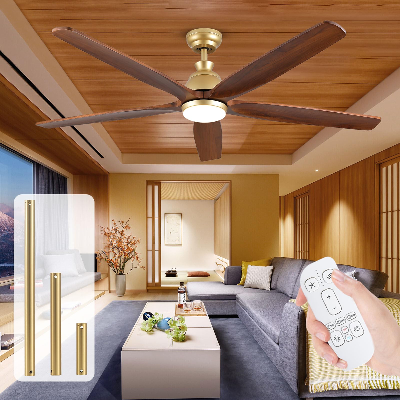 WANGOFUN52 Inch Gold Ceiling Fan with Lights and Remote, Modern Farmhouse Outdoor Ceiling Fans for Patios Waterproof with 5 Reversible Wood Blades, Quiet DC Motor Ceiling Fans for Gazebo Porch
