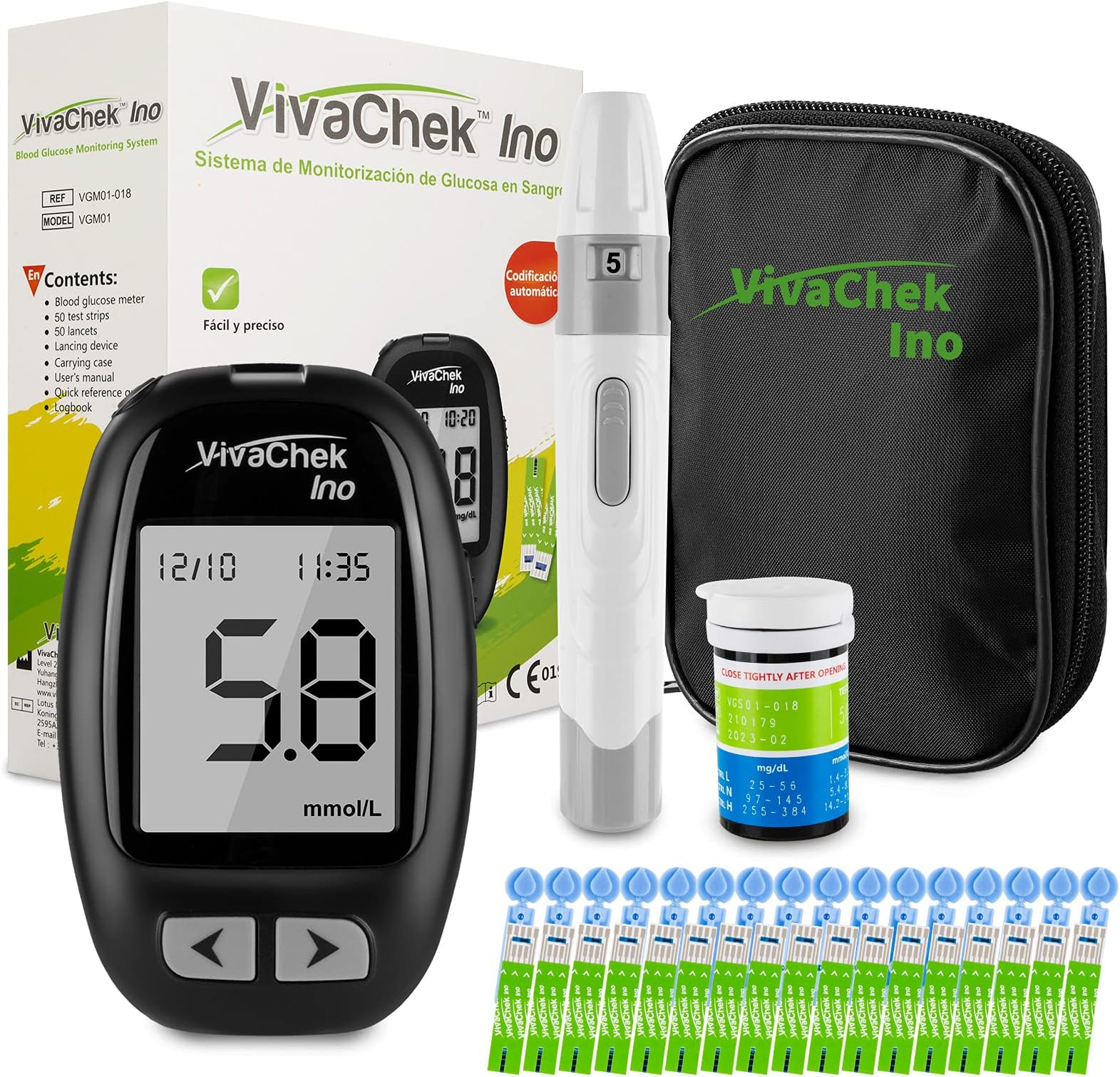 Blood Glucose Monitor Meter, Diabetes Test Kit [2022 Upgrade VivaChek Ino] MicroUSB Data Transmission, 900 Memories, 5 Test Reminders, Hypo and Ketone Warning with 50 Test Strips and 50 Lancets