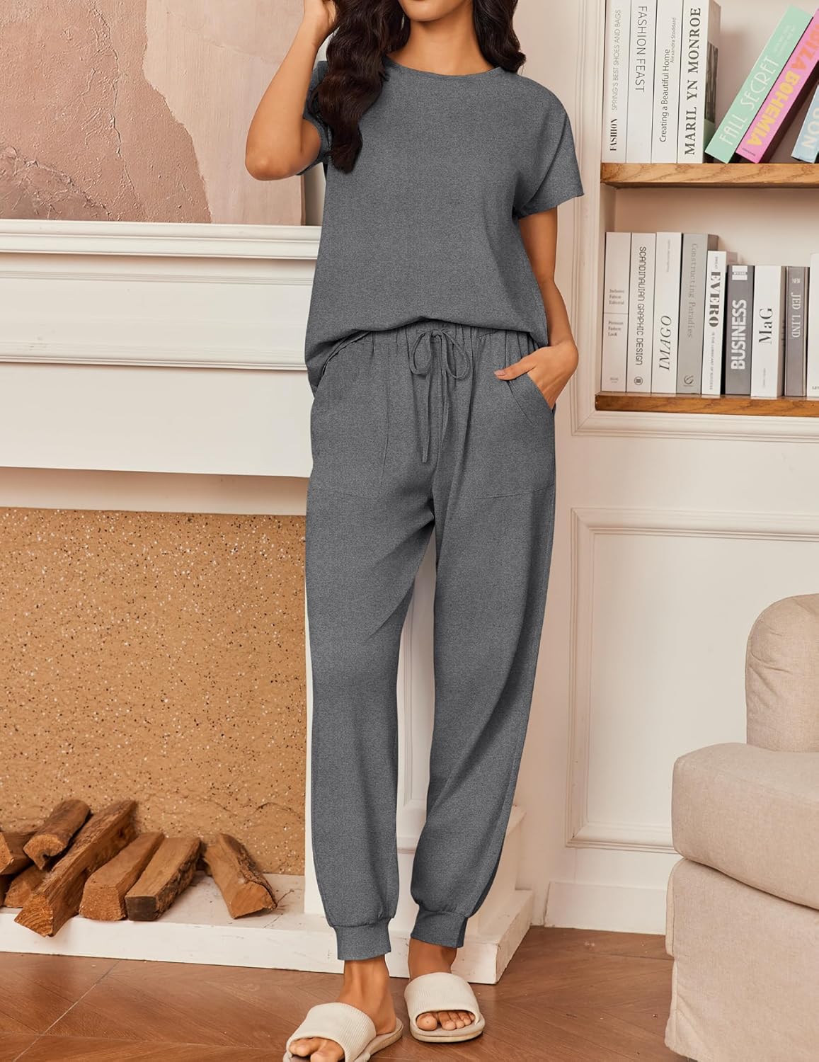 Ekouaer Womens Pajama Sets 100% Cotton Pajamas Short Sleeve Pj Top With Jogger Pants 2 Piece Lounge Set with Pocket - Image 4