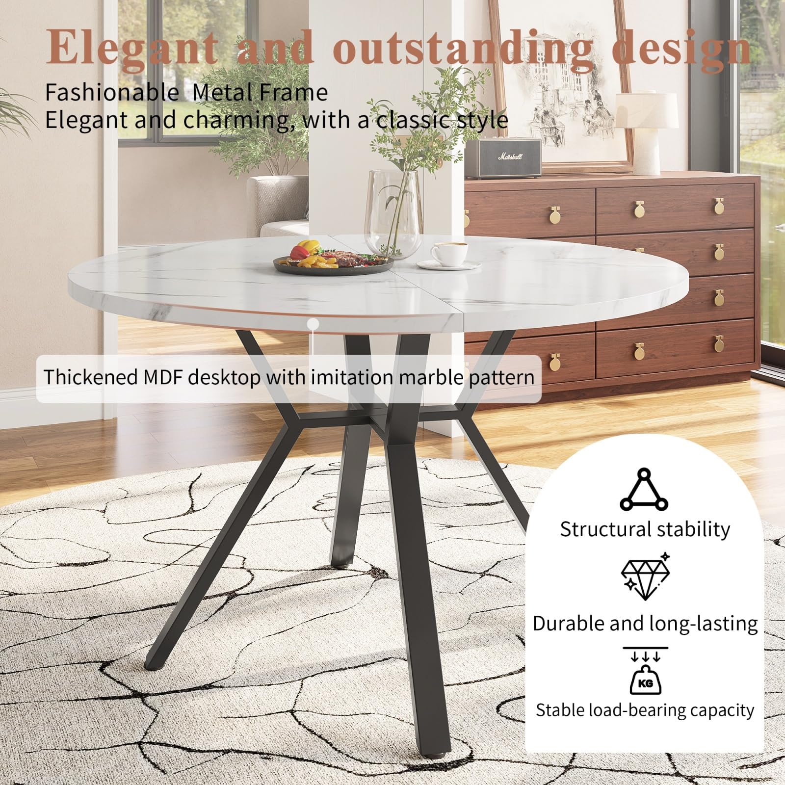 Ensemble Table et 4 Chaises Salle à Manger - Table Ronde MDF Marbre Pieds Métal, Chaises Velours Salon Dîner Moderne Noir+Beige