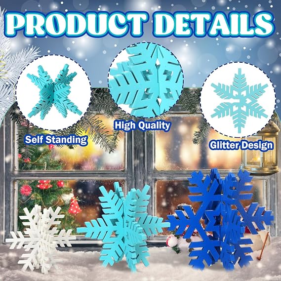 Maitys 12 Pcs Winter Wooden Snowflake Decor Winter Signs 3D Snowflake Tabletop Decor Christmas Signs Snow Centerpiece for Home Xmas Party(Blue and White)