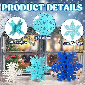 Maitys 12 Pcs Winter Wooden Snowflake Decor Winter Signs 3D Snowflake Tabletop Decor Christmas Signs Snow Centerpiece for Home Xmas Party(Blue and White)
