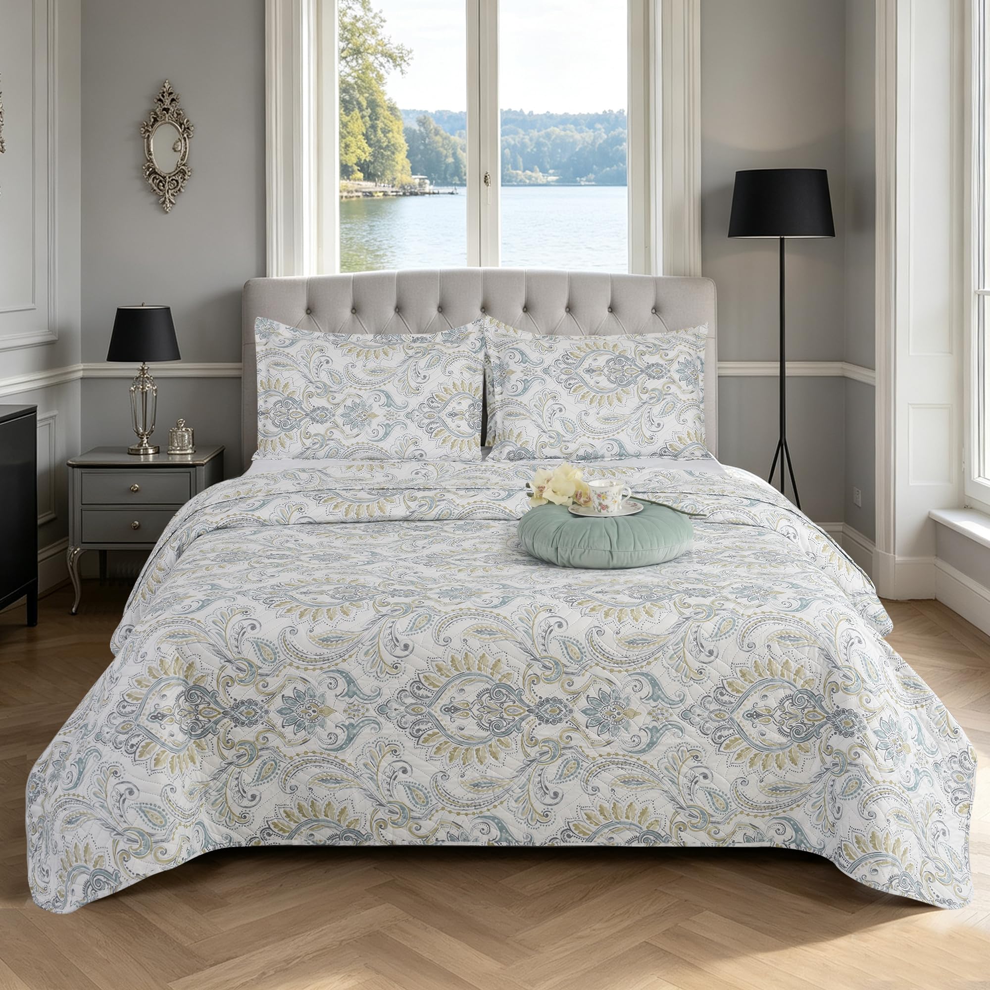BOSKI LONDON 3 Piece Quilted Patchwork Bedspread with 2 Shams | Reversible Floral King Size & Double | Lightweight Microfiber Quilt | 220x240cm