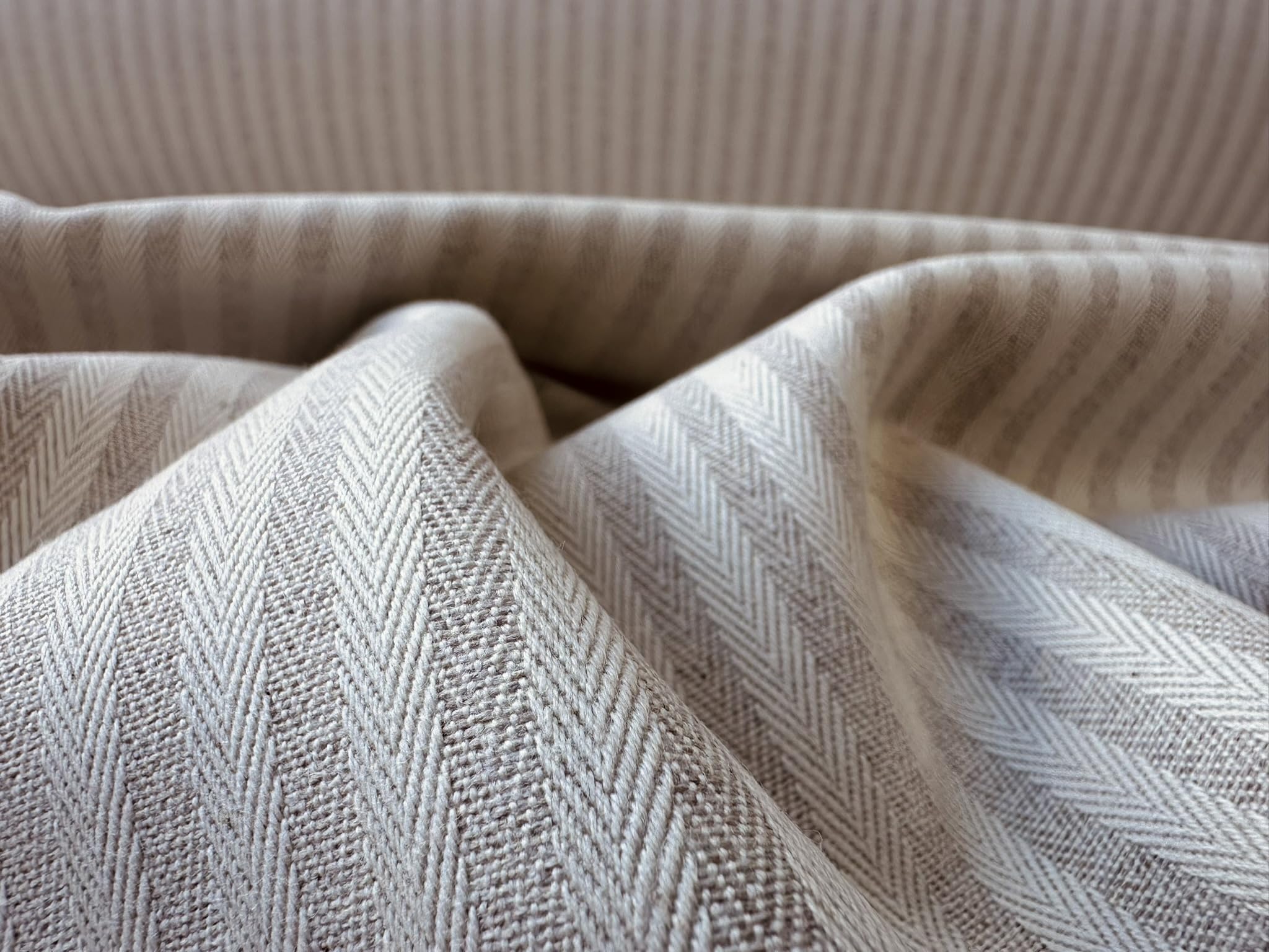 Tissu à chevrons effet lin 5 mm pour coussin, motif rayures crème, décoration d'intérieur, couture – 328 cm extra large – Vendu au mètre – Écru