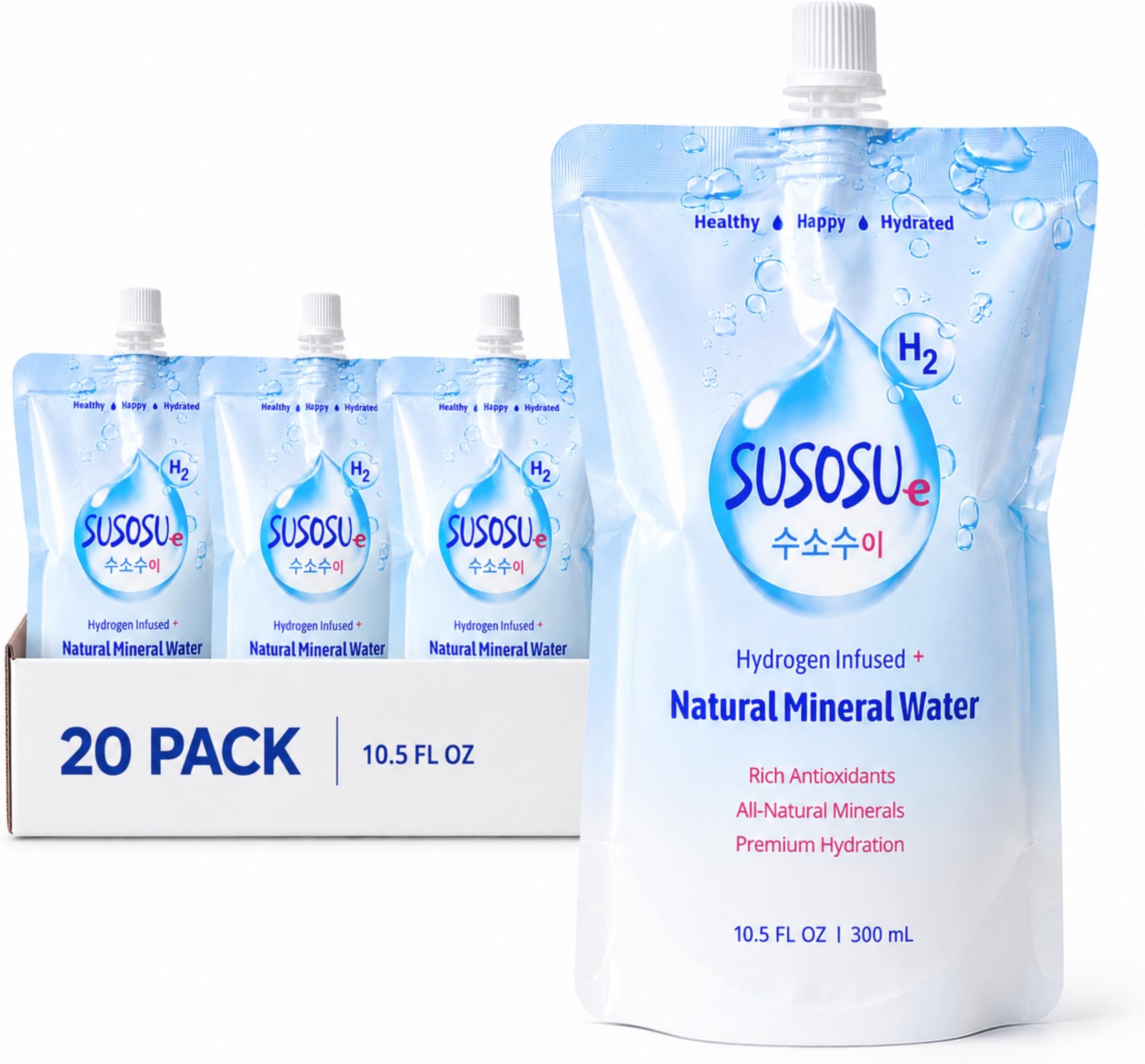 Susosu Hydrogen Water, Korean Mineral Water, 20 Pouches Ready to Drink, 10.5 Fl Oz