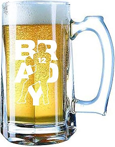 Hat Shark Taza de cerveza gigante grabada con láser, jarra de cerveza de 28 onzas, jugador atlético de deportes de fútbol (Brady #12)
