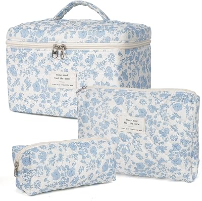 honitty Makeup Bag,Quilted Cosmetic Bag,Large Floral Make Up Bag for Women,Cotton Makeup Bag Set,Flower Travel Toiletry Bag