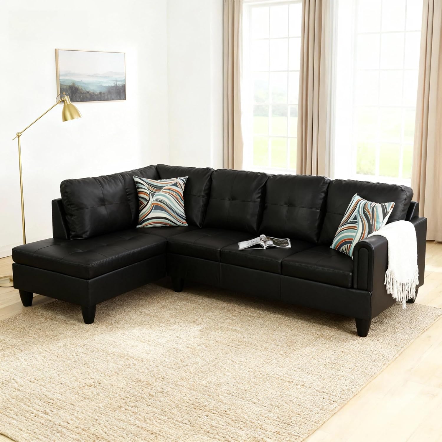 L Shaped Couch Sectional Couches with Chaise, 3 Pieces Modular Convertible Sofa for Living Room Furniture Sets and Small Apartment Faux Leather, Black